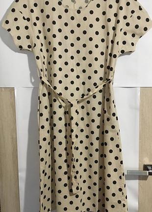 Сукня в горошок з 50% льону з поясом та кишенями