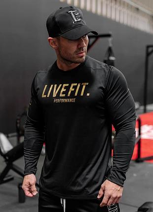 Реглан чоловічий спортивний лонгслів футболка з рукавами "live fit" чорна