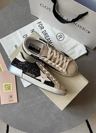 Golden goose super-star in black glitter with cream star and suede inserts