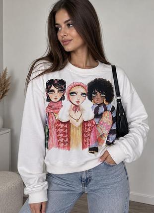 Світшот zara з оригінальним арт-принтом дівчат, розмір l (підійде на m оверсайз)
