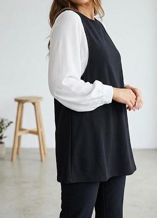 Женская офисная блузка с туникой 2в1 pretty lolita 46-48 белая блузка черная туника платье с карманами в офис свободный крой деловой стиль сарафан