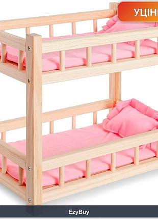 Іграшкові меблі для ляльок woodtastic: дерев'яне двоповерхове ліжко з матрацами та подушками рожевого кольору