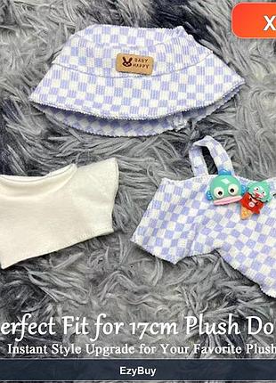 Костюм для кукол 17cm plush dolls с шахматным принтом: синий комбинезон, белый верх и панама, полиэстер, 25 г