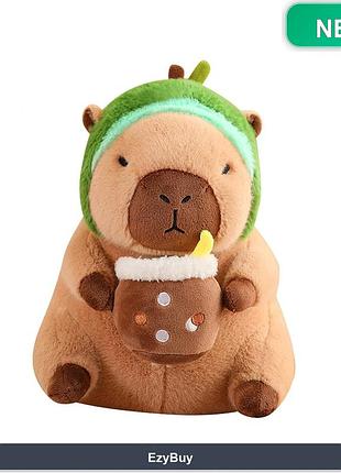 Мягкая игрушка-зверек capybara в головном уборе с чашкой, выполнена из гипоаллергенного наполнителя, 30 см