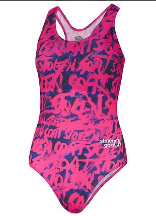 Новий суцільний купальник stolen goat women's upstart swim suit, прикрашений яскравим рожево-синім принтом у стилі графіті. (l)