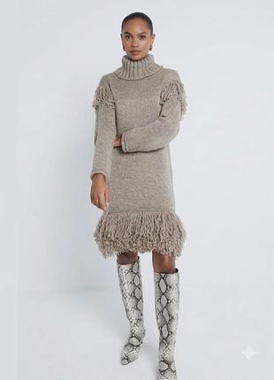 Новое трикотажное платье свитер river island с биркой батал / вязаное платье оверсайз бахрома l 50-52