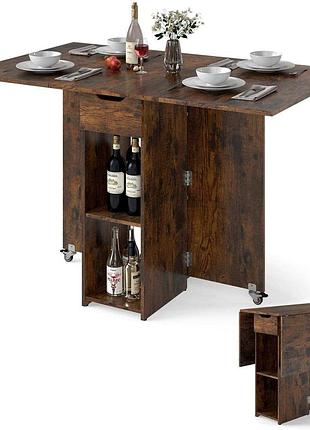 Складной обеденный стол-трансформер costway compact dining на колесиках с полками лофт коричневый