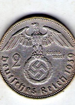 Германия - третий паркосёр 2 рейосмарки, 1939 год серебро 0.625, 8g, ø 25mm no2365