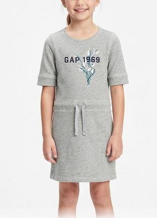 Сіра сукня дівчинці gap kids двонитка вишивка квіти 128-134 8-9 років спідниця клеш логотип меланж трикотажна вишиванка джерсі щільна однотонна бренд