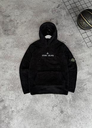 Чоловічий зимове худі stone island плюшеве чорне кофта стон айленд тедді з капюшоном (b)