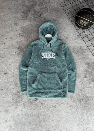 Мужской зимний худи nike плюшевый зеленый кофта тедди найк с капюшоном (b)