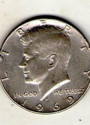 Сша 1⁄2 долларов, кеннеди полдолара 1969 год серебро 0.400, 11.5g, ø 30.6mm no2352