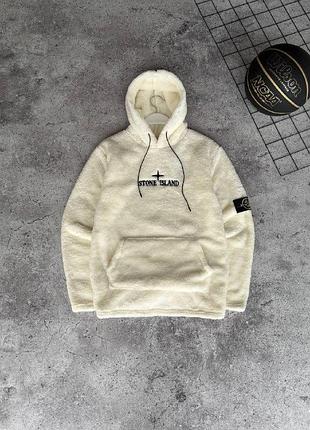 Чоловічий зимове худі stone island плюшеве біле кофта стон айленд тедді з капюшоном (b)