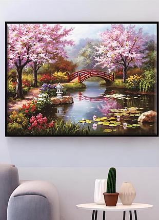 Набір для вишивання хрестиком "сакура під мостом" 50×40 см, 14 ct — живописний пейзаж для медитативного рукоділля