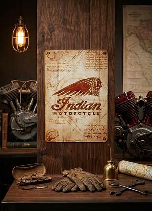 Металлическая винтажная табличка "indian motorcycle / легендарные мотоциклы / ретро арт / чертеж да винчи" 14х20 см