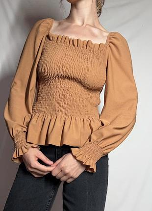Shenaz brown shirred blouse жіноча блуза з обʼємними рукавами коричнева l т4
