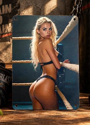 Металева вінтажна табличка "дівчина на боксерському рингу/pin-up/бокс/Спорт/арт" 14х20 см