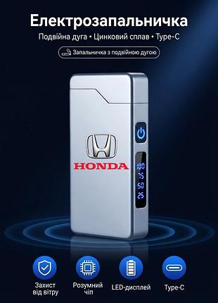 Электроподжигатель с принтом «honda» и двойной дугой, usb type-c — серебристая металлическая ветрозащитная импульсная зажигалка с