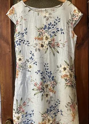 Стильна лляна сукня сарафан з квітковим принтом та кишенями, made in italy (l-xl)