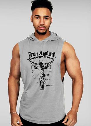 Безрукавка мужская с капюшоном "iron asylum" серая