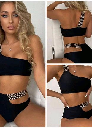 Купальник versace з камінням на лямках чорний та білий