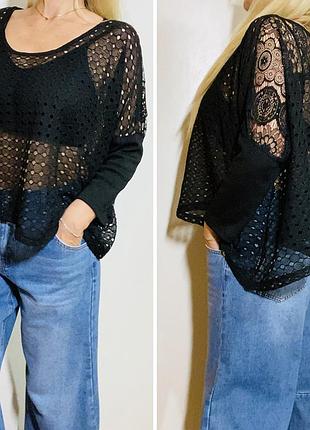 Xl-2xl оверсайз свободная красивая прозрачная кофта сетка ажурная блуза с трикотажным длинным рукавом