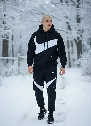 Спортивный костюм на флисе nike big swosh black зима, качество премиум