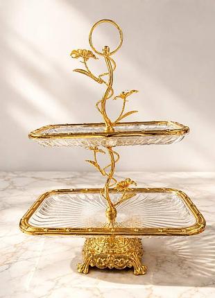 Фруктовница royal grace sj14232 стеклянная 2-х ярусная 42х30.5х18 см прозрачный с золотистым