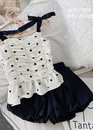 Костюм на лето для девочки майка в горох и шорты 10476, размер 100