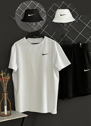 Шорти чорні nike білий лого + футболка біла nike + панама nike (панама чорна або біла)