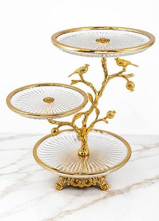 Фруктовница royal grace 1297 стеклянная 3-х ярусная 34х26.5х22.5 см прозрачный с золотистым