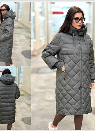 Фирменный женский стеганый пуховик р.50-60 зимняя женская куртка хаки батал