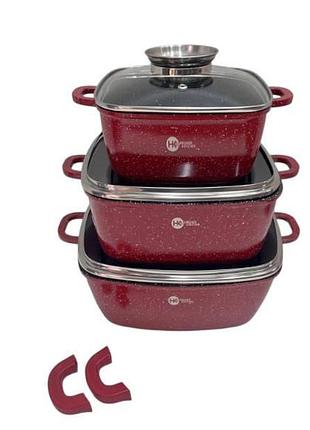 Набор казанов квадратных 3шт с крышками + 2 прихватки higher kitchen hk-302 красный