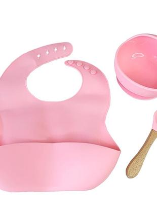 Набір дитячого посуду силіконова тарілка та слинявчик mgz-0110(pink) у коробці