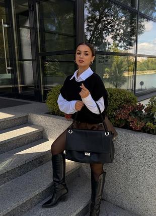 Сумка чорна натуральна шкіра велика трендова сумочка в стилі chanel