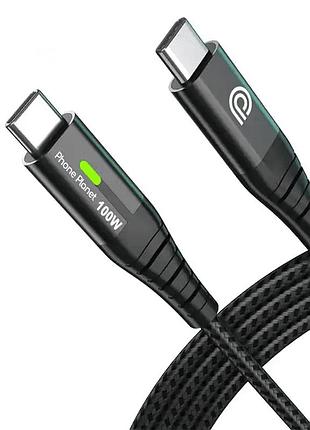 Кабель phone planet type-c to type-c 60w, 2 м, черный, тканевая оплетка