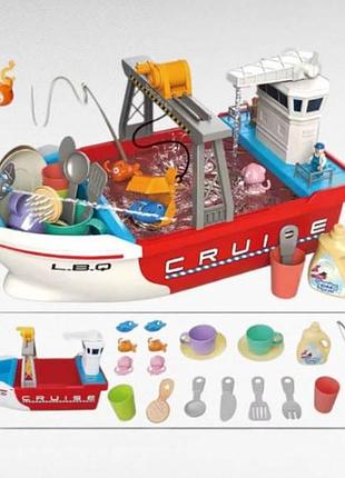 Набір дитячий ігровий рибальський кораблик з автоматичною подачею води, вудкою та рибками bq 988 e різнокольоровий