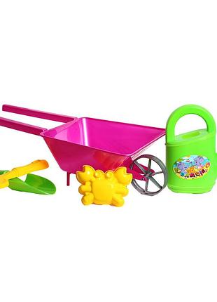 Игровой набор для песка "тачка и лейка большая" 010/1bms(pink) лопатка, грабли, пасочка