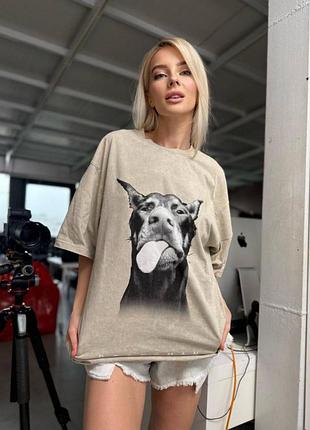 Футболка жіноча тай-дай з принтом doberman 20346 бежева