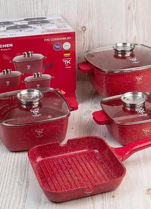 Набір квадратних каструль з антипригарним покриттям + сковорода тор kitchen tk000103 червоний