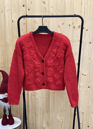 🖤невероятный укороченный красный кардиган с объемной вышивкой цветов shein🖤
