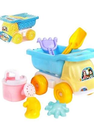 Набор для песочницы самосвал+2 формочки, лопатка и грабли fsd 7393 голубой