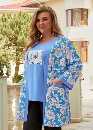 Кардиган+блуза жіночий блакитного кольору з принтом