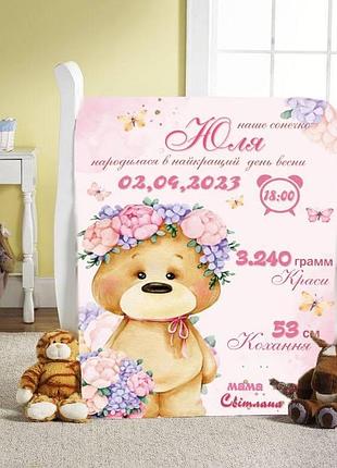 Плед 3d со своими пожеланиями с метрикой милость природы для маленькой принцессы с мишкой и цветами 20222389_c 11584 80х100 см