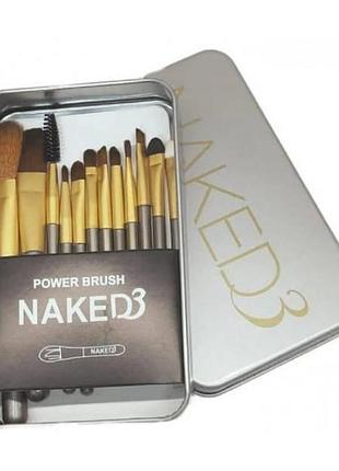 Набір кистей для макіяжу 12шт у металевій коробочці naked 3 золотий