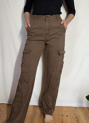Коричневі штани карго pull&bear прямі широкі y2k т4