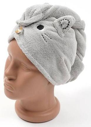 Чалма-полотенце из микрофибры с вышивкой котик 25x65см 30123-1 серая