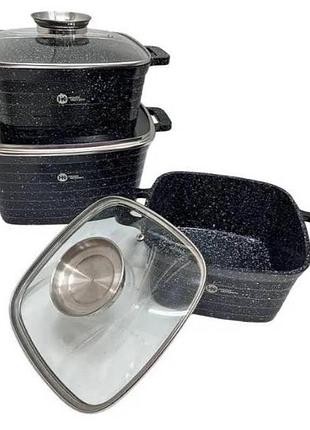 Набір квадратних казанів 3шт з кришками higher kitchen hk-322 чорний