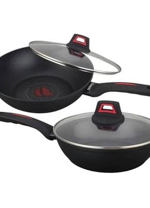Сковорода антипригарная глубокая wok с крышкой и термоиндикатором нагрева, 24см, bn-834 чёрная
