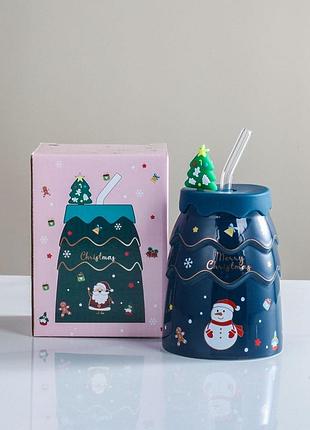 Склянка з трубочкою новорічна merry christmas 13329 400 мл синій